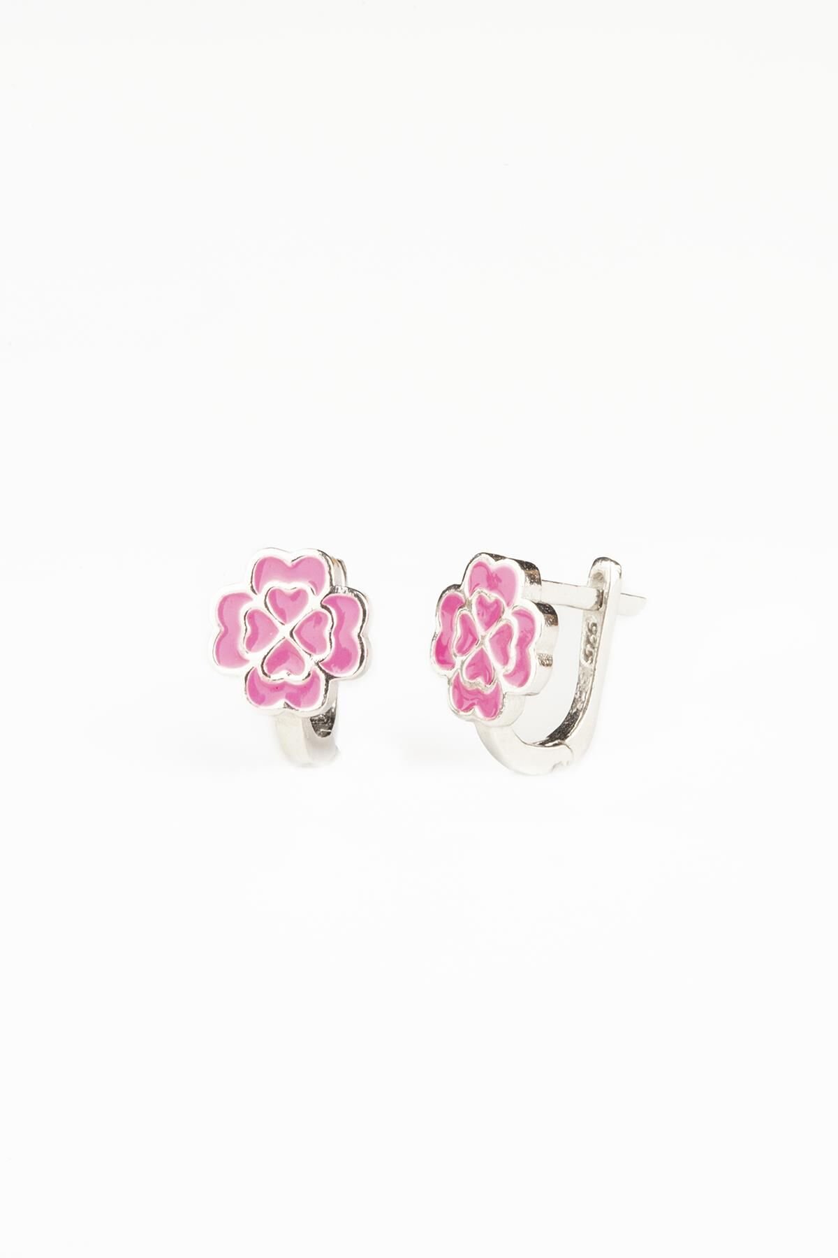 Yonca Çiçek Model Pembe Kalp Mineli Kız Çocuk 925 Ayar Gümüş Küpe