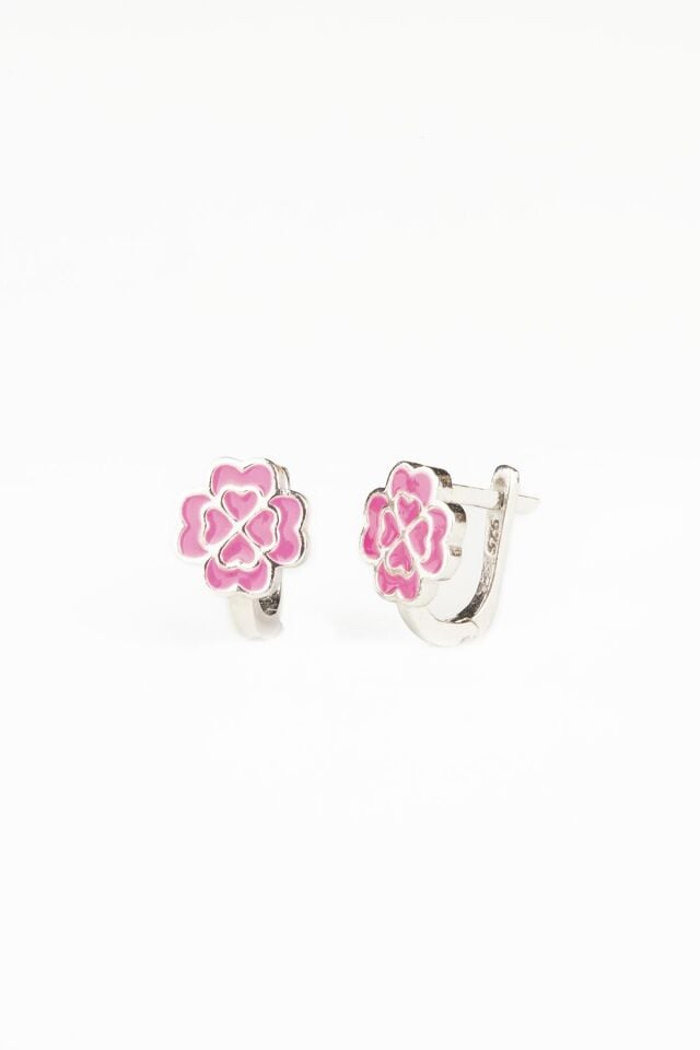 Yonca Çiçek Model Pembe Kalp Mineli Kız Çocuk 925 Ayar Gümüş Küpe