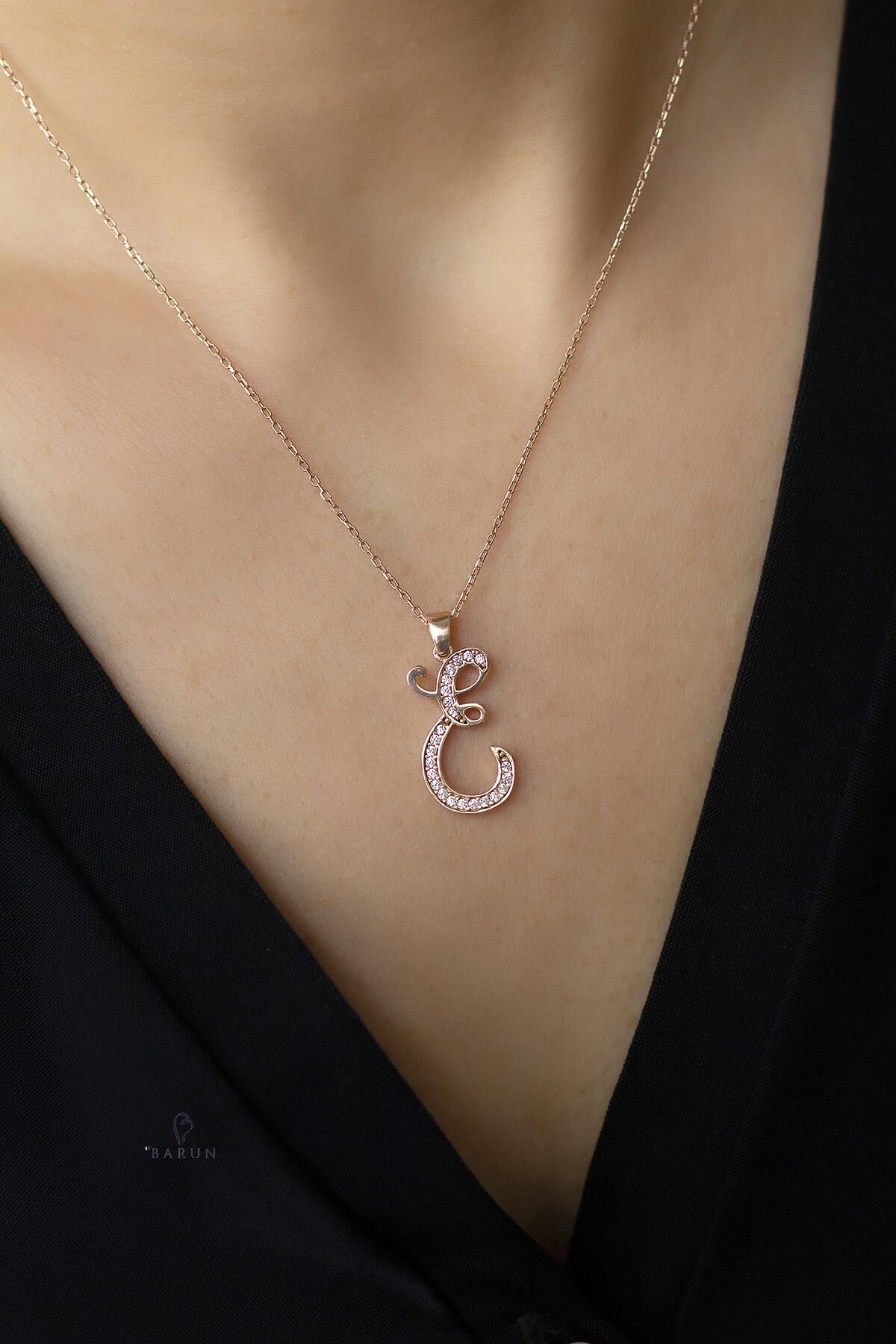 Harf Kolye 925 Ayar E Harfi Gümüş Kolye - Rose