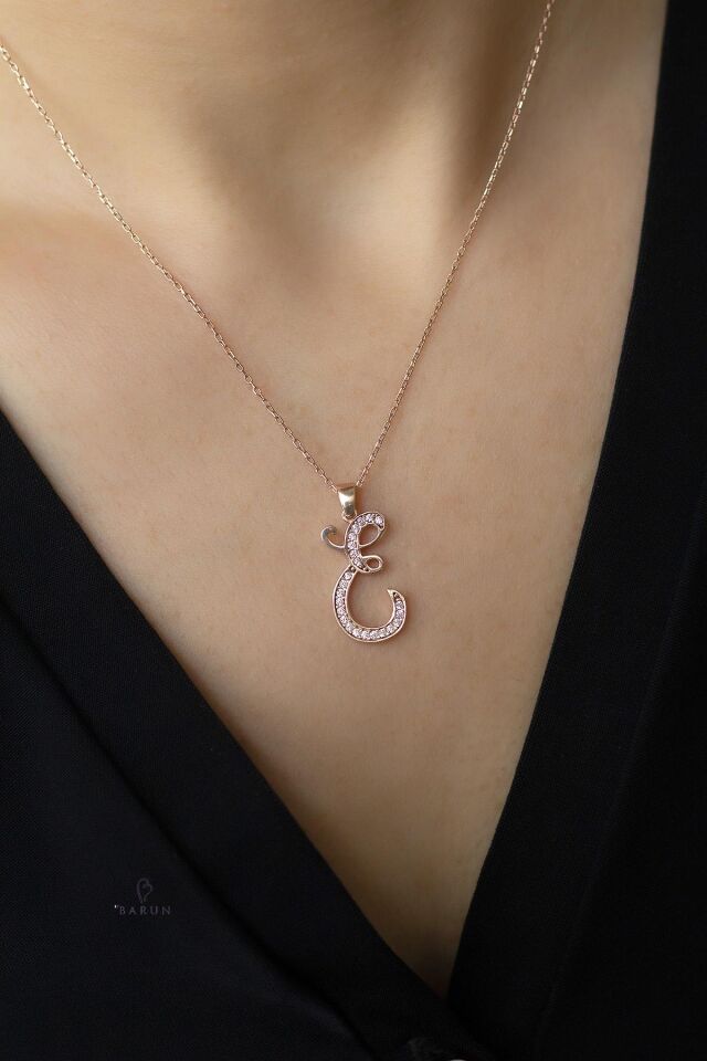 Harf Kolye 925 Ayar E Harfi Gümüş Kolye - Rose