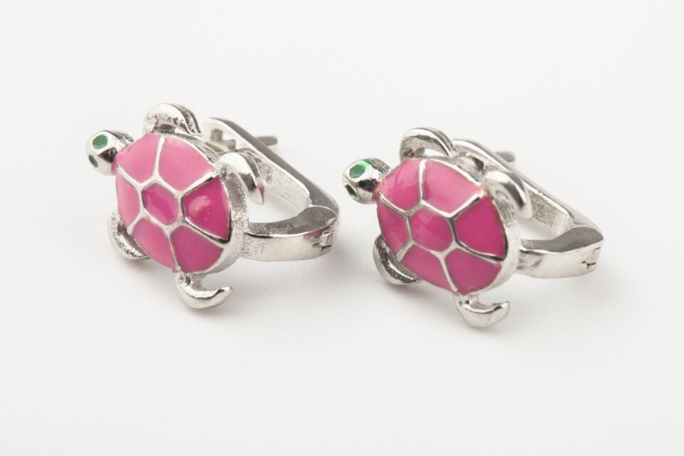 Kaplumbağ Model Penbe Mineli Kız Çocuk 925 Ayar Gümüş Küpe