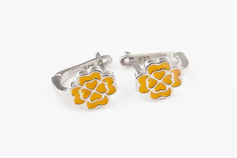 Yonca Çiçek Model Sarı Mineli Kız Çocuk 925 Ayar Gümüş Küpe