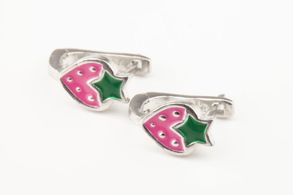 Çilek Model Penbe Mineli Kız Çocuk 925 Ayar Gümüş Küpe