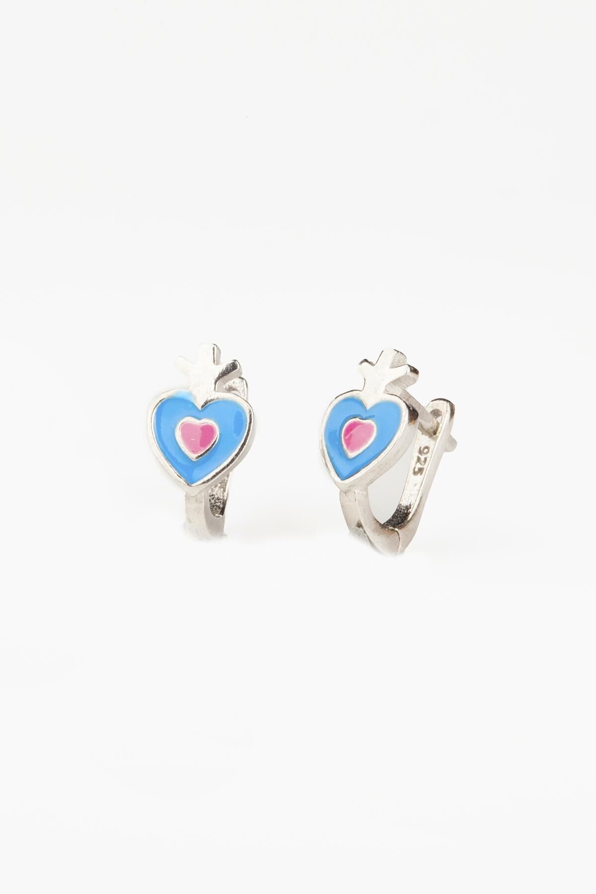 Çilek Model Pembe Mavi Mineli Kız Çocuk 925 Ayar Gümüş Kalp Küpe