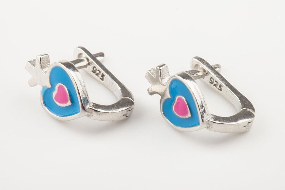 Çilek Model Pembe Mavi Mineli Kız Çocuk 925 Ayar Gümüş Kalp Küpe