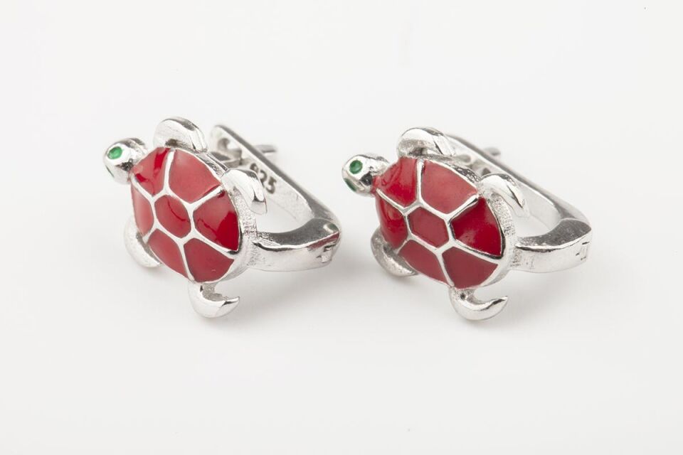 Kaplumbağa Kırmızı Mineli Model Kız Çocuk 925 Ayar Gümüş Küpe