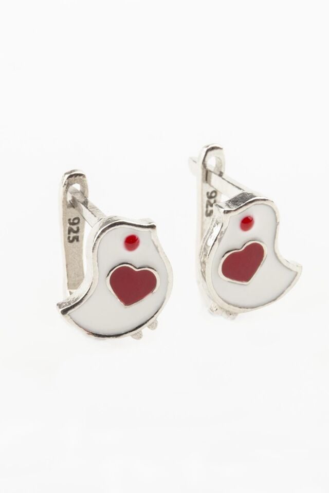 Kuş Serçe  Model Kalpli Mineli Kız Çocuk 925 Ayar Gümüş Küpe