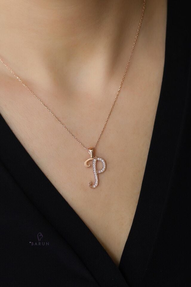 Harf Kolye 925 Ayar P Harfi Gümüş Kolye - Rose