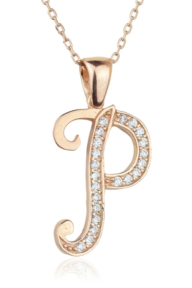 Harf Kolye 925 Ayar P Harfi Gümüş Kolye - Rose