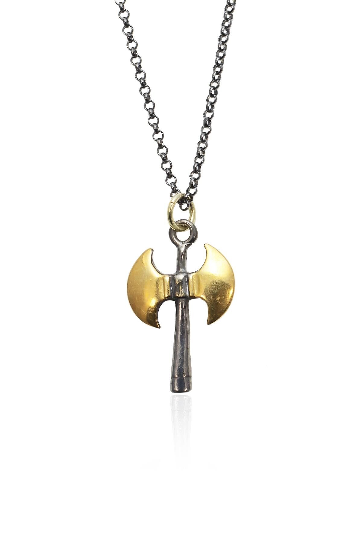 Çift Başlı  Balta Figürlü Siyah Renk 925 Ayar Erkek Gümüş Kolye