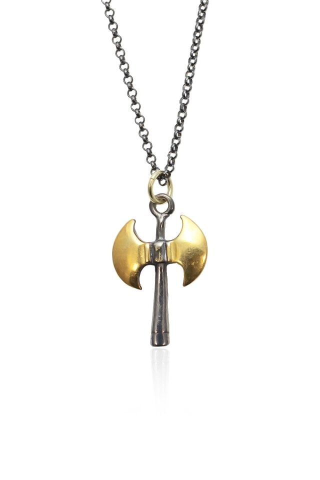 Çift Başlı  Balta Figürlü Siyah Renk 925 Ayar Erkek Gümüş Kolye