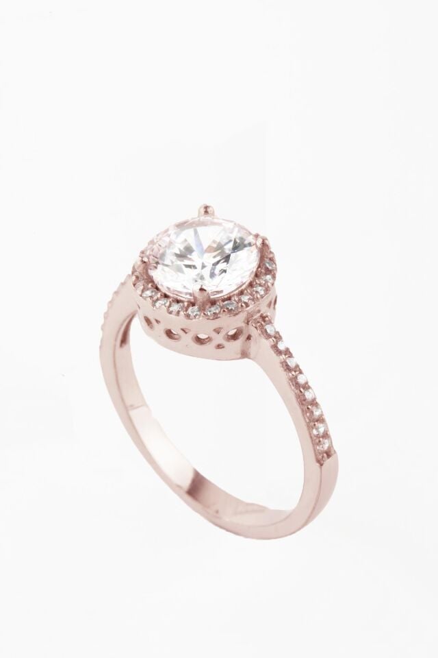 Yuvarlak Tek Taş Baget Model Pırlanta Görünümlü 925 Ayar Gümüş Yüzük