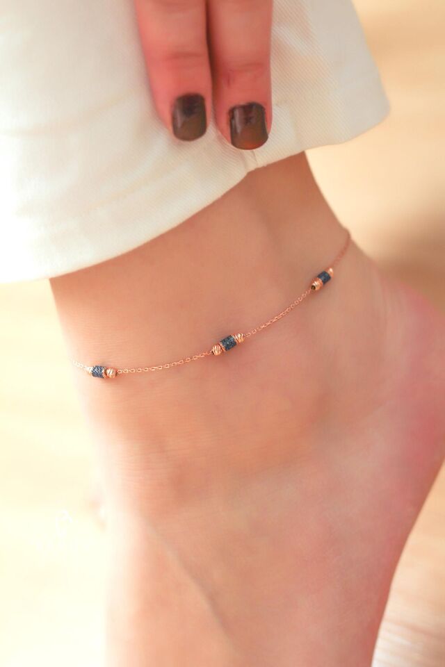 Lacivert Silindir Taşlı 925 Ayar Gümüş Zincir Halhal