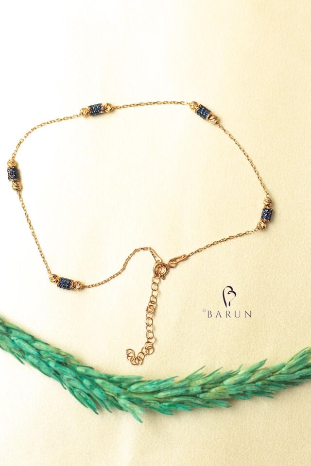 Lacivert Silindir Taşlı 925 Ayar Gümüş Zincir Halhal