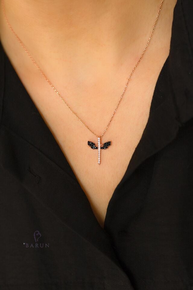 Mikail Meleği Renkli Mavi Beyaz Siyah Taşlı 925 Ayar Gümüş Kolye