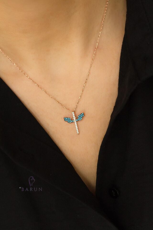 Mikail Meleği Renkli Mavi Beyaz Siyah Taşlı 925 Ayar Gümüş Kolye