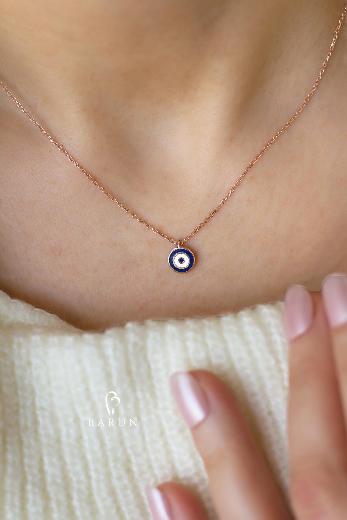 Göz Nazar Mavi Mineli 925 Ayar Yuvarlak Gümüş Kolye