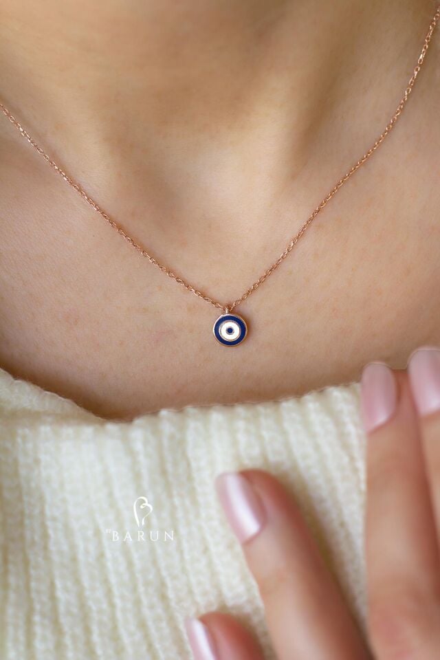 Göz Nazar Mavi Mineli 925 Ayar Yuvarlak Gümüş Kolye