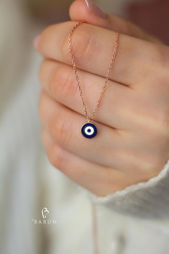Göz Nazar Mavi Mineli 925 Ayar Yuvarlak Gümüş Kolye