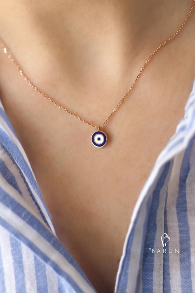 Göz Nazar Mavi Mineli 925 Ayar Yuvarlak Gümüş Kolye