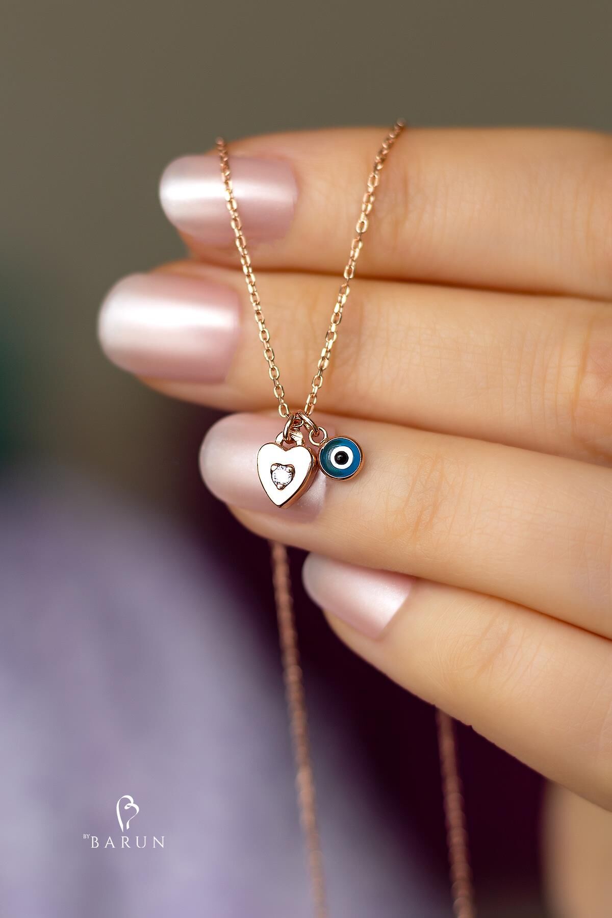 Tek Taş Mine Kalp Model Nazar Boncuklu Gümüş Kolye