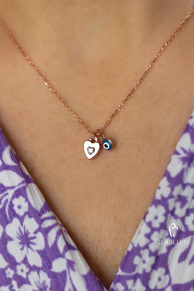 Tek Taş Mine Kalp Model Nazar Boncuklu Gümüş Kolye