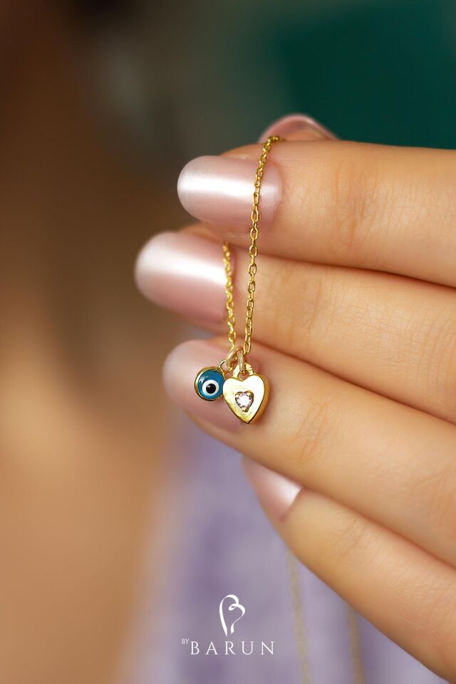 Tek Taş Mine Kalp Model Nazar Boncuklu Gümüş Kolye