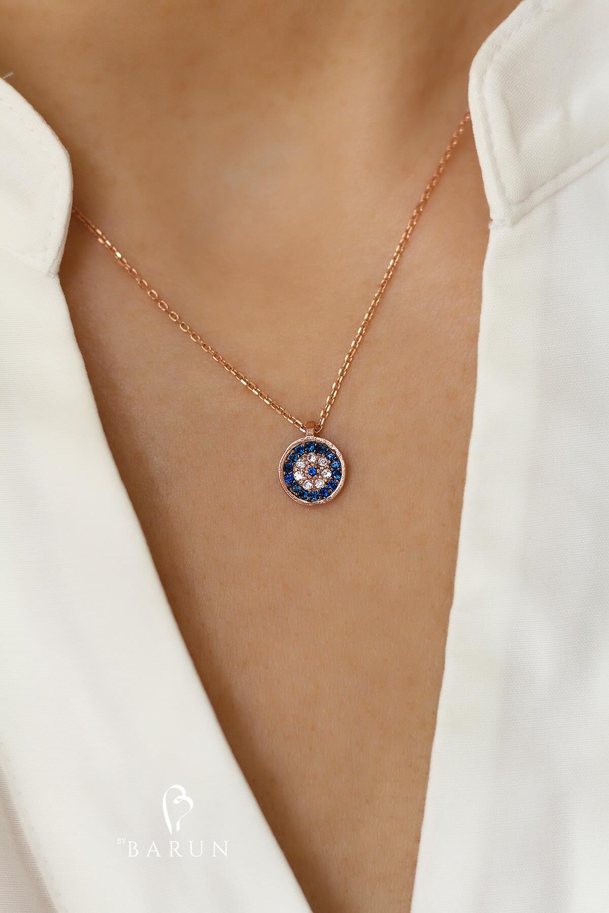 Göz Nazar Boncuğu 925 Ayar Yuvarlak Mavi  Taşlı Gümüş Kolye