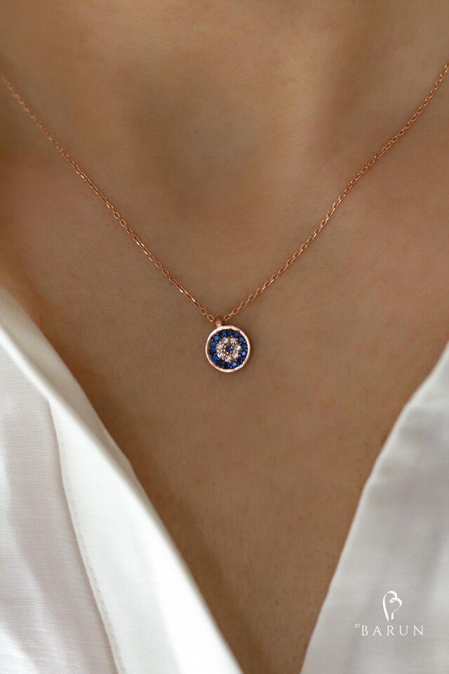 Göz Nazar Boncuğu 925 Ayar Yuvarlak Mavi  Taşlı Gümüş Kolye