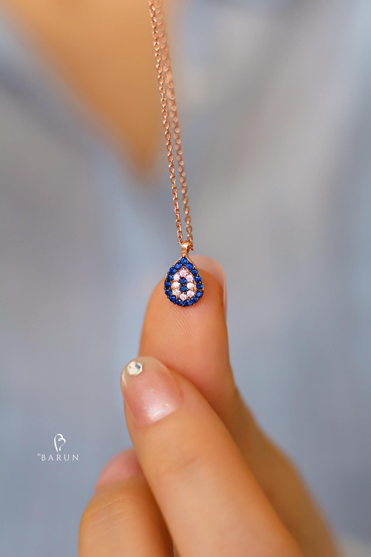 Göz Nazar Boncuğu 925 Ayar Damla Model Mavi Taşlı Gümüş Kolye