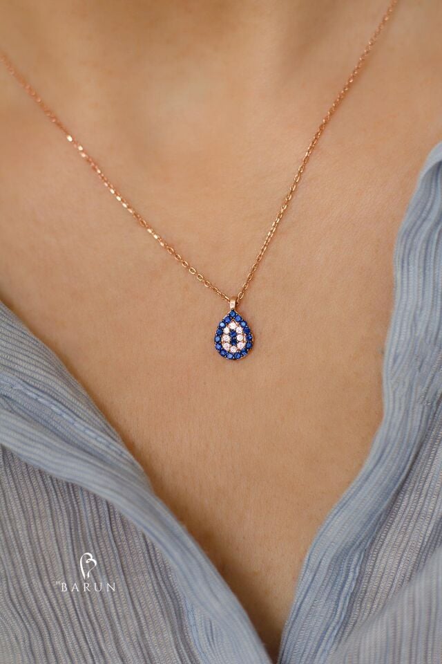 Göz Nazar Boncuğu 925 Ayar Damla Model Mavi Taşlı Gümüş Kolye