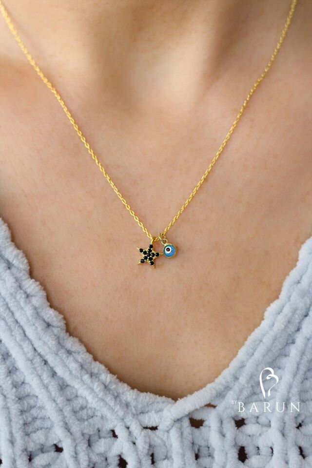 Siyah Taşlı Mavi Nazar Boncuklu Gümüş Yıldız Kolye