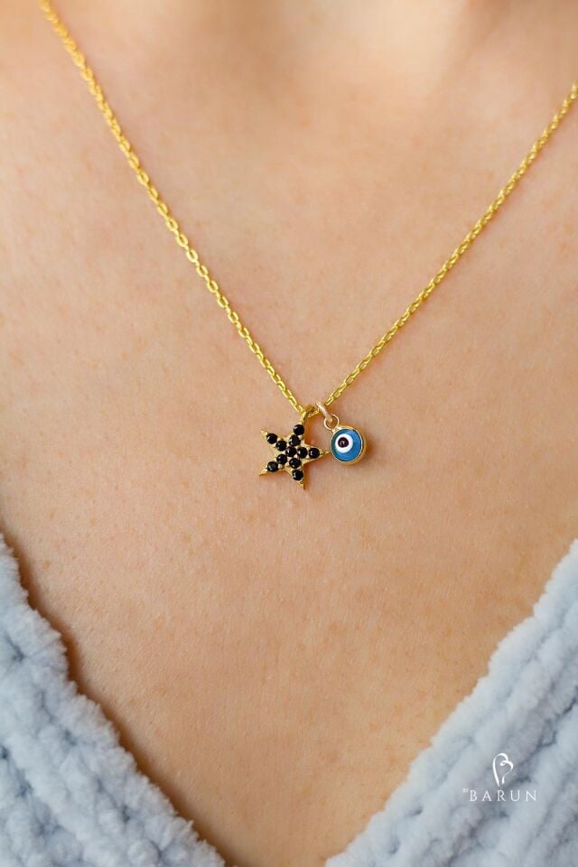 Siyah Taşlı Mavi Nazar Boncuklu Gümüş Yıldız Kolye