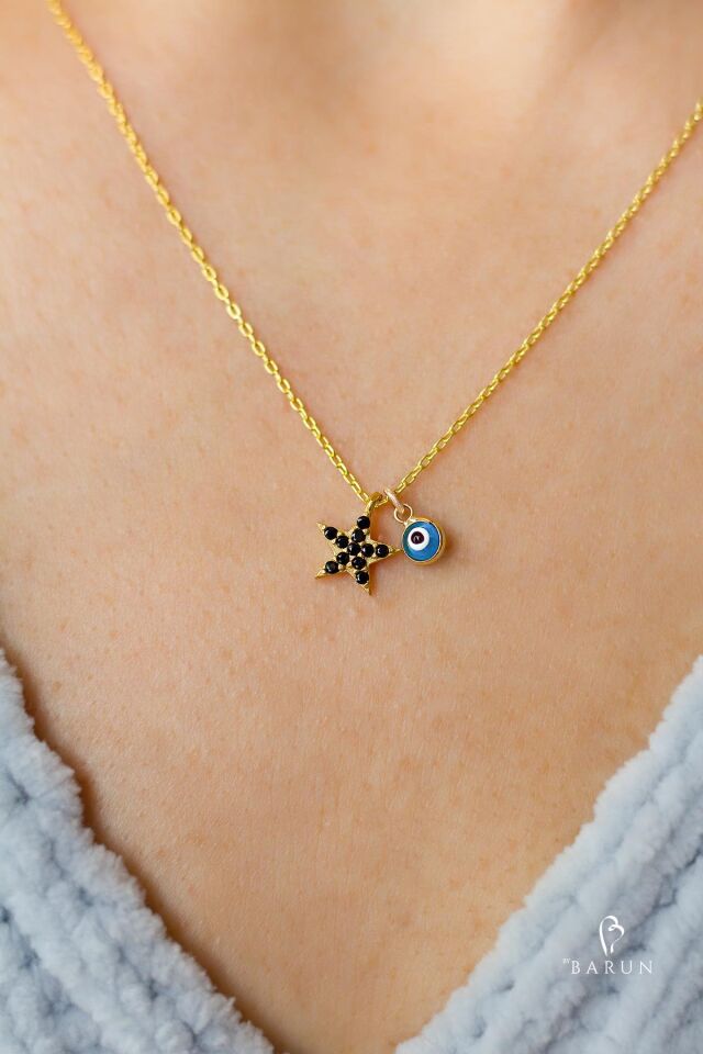 Siyah Taşlı Mavi Nazar Boncuklu Gümüş Yıldız Kolye