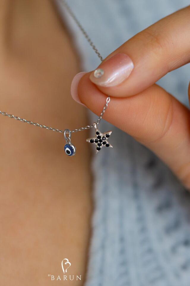 Siyah Taşlı Mavi Nazar Boncuklu Gümüş Yıldız Kolye