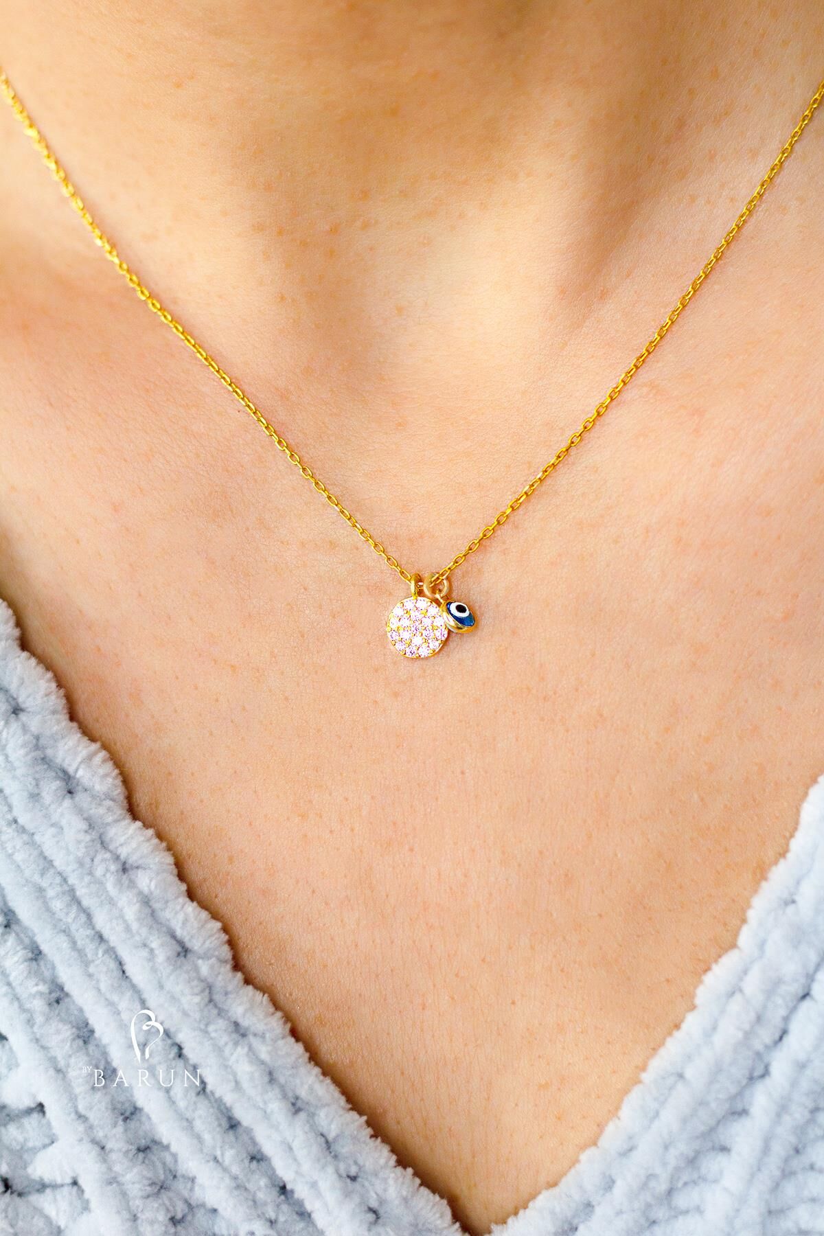 Yuvarlak Beyaz Taşlı Mavi Nazar Göz Gümüş Kolye