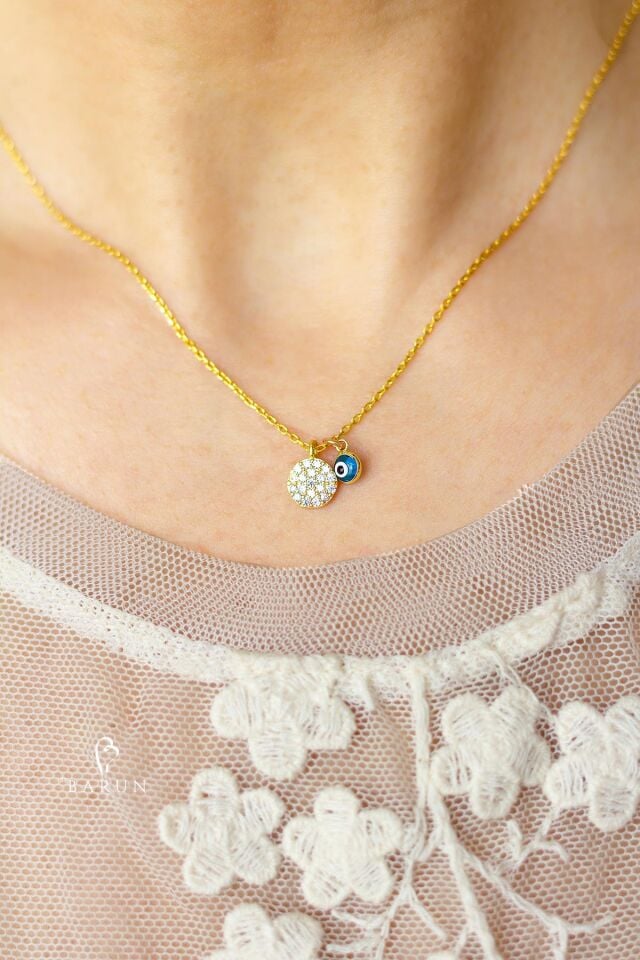 Yuvarlak Beyaz Taşlı Mavi Nazar Göz Gümüş Kolye