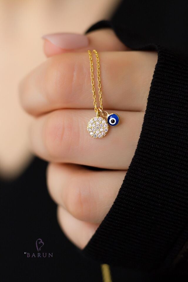 Yuvarlak Beyaz Taşlı Mavi Nazar Göz Gümüş Kolye