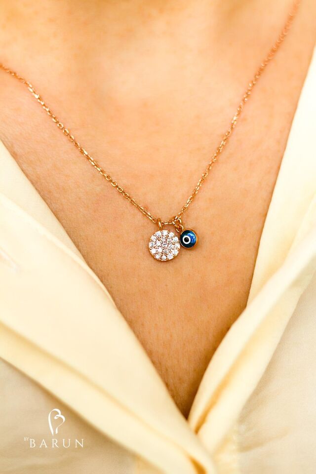 Yuvarlak Beyaz Taşlı Mavi Nazar Göz Gümüş Kolye