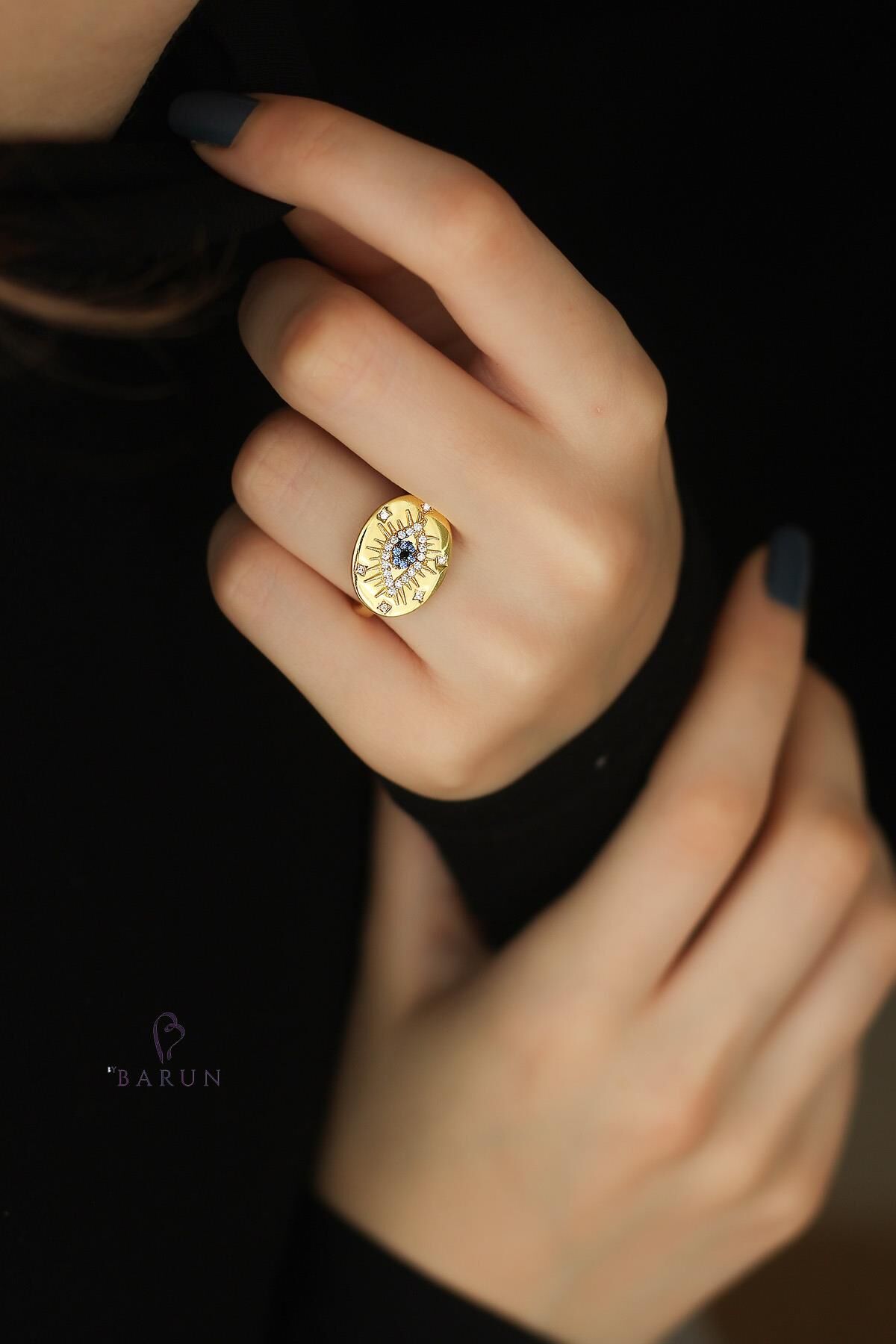 Göz Nazar  Plaka Model 925 Ayar Ayarlanabilir Gümüş Yüzük