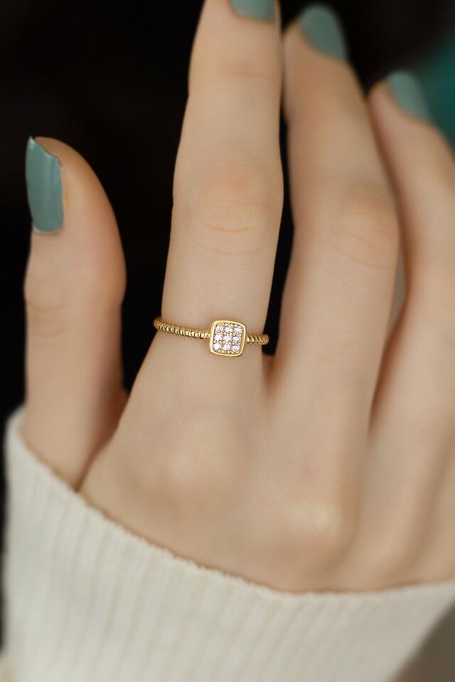 Kare Model Beyaz Taşlı Ayarlanabilir 925 Ayar Gümüş Yüzük