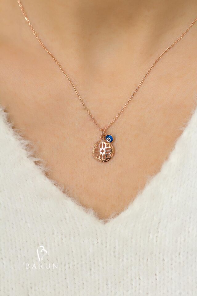 Yuvarlak Plaka Model  Mavi Nazar Boncuklu Gümüş Kolye