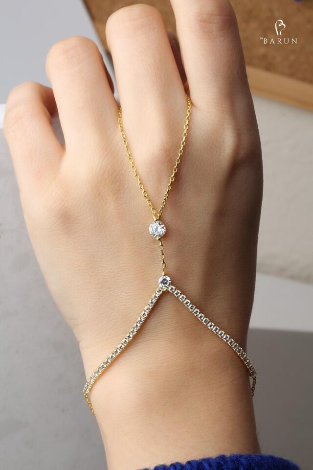 Beyaz Taşlı El Zinciri Gümüş Şahmeran Zirkon Taşlı 925 Ayar