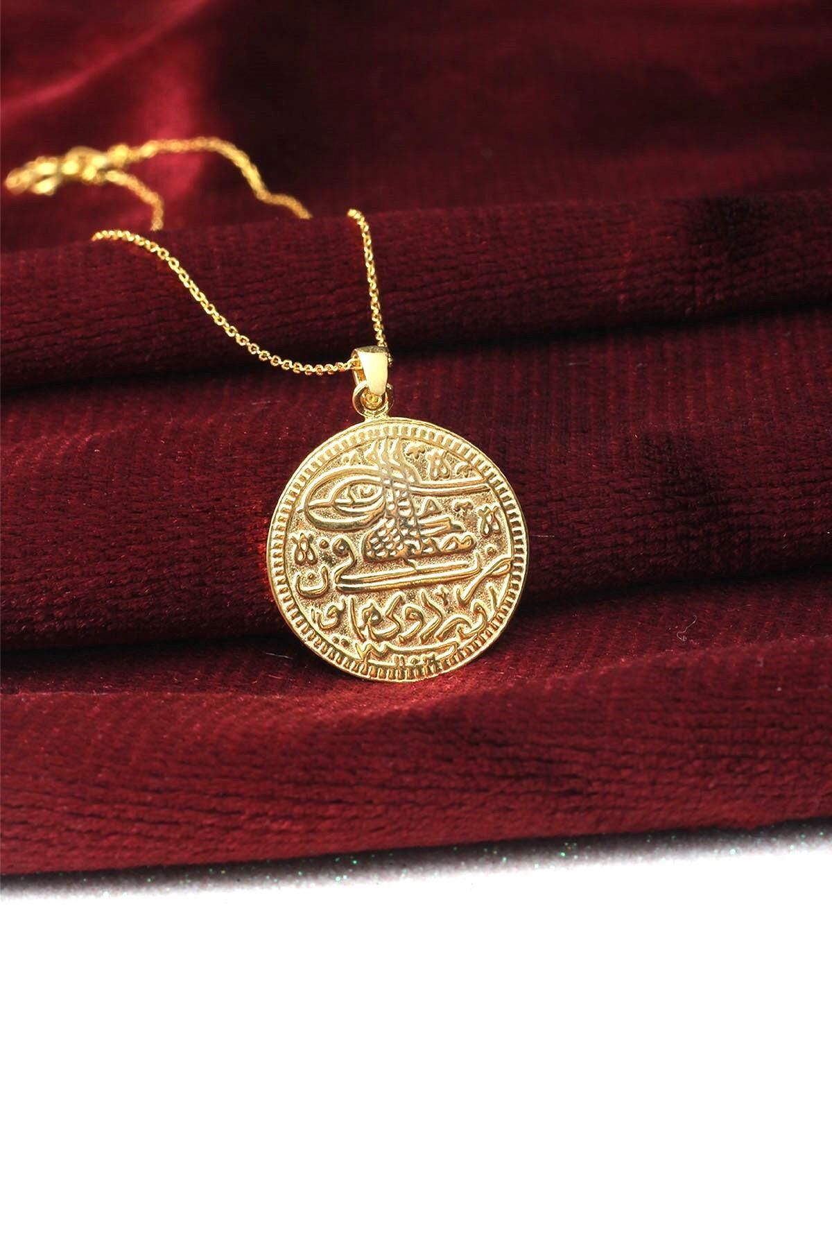 Tuğralı Gümüş Sarı Renk Yuvarlak Plaka Taşsız Osmanlı Tuğralı 925 Ayar Zincir Kolye