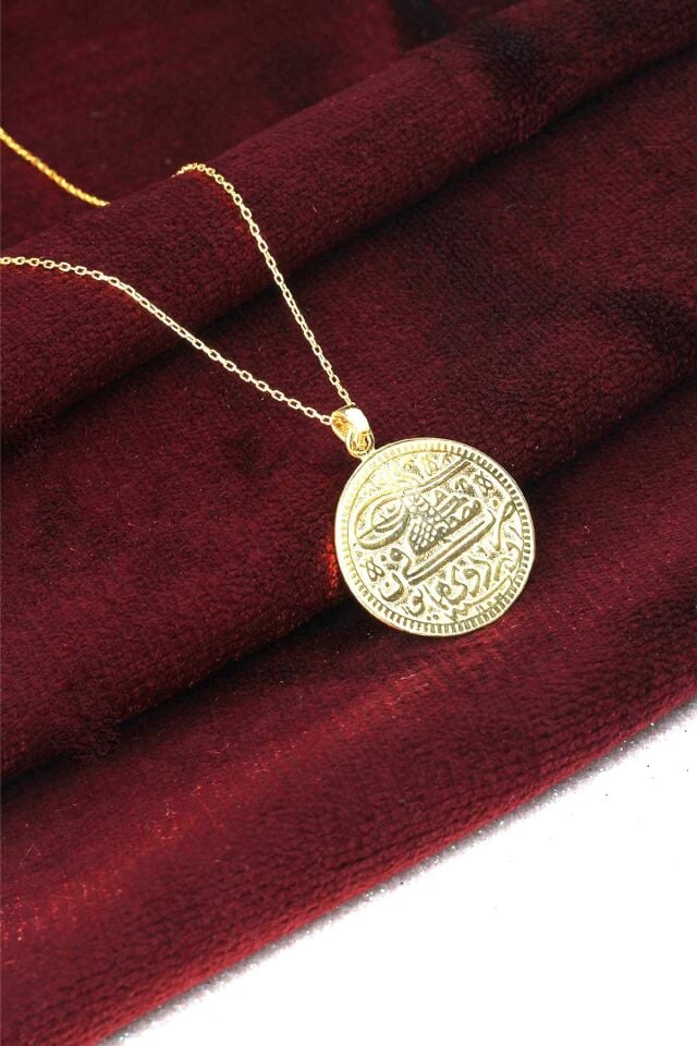 Tuğralı Gümüş Sarı Renk Yuvarlak Plaka Taşsız Osmanlı Tuğralı 925 Ayar Zincir Kolye