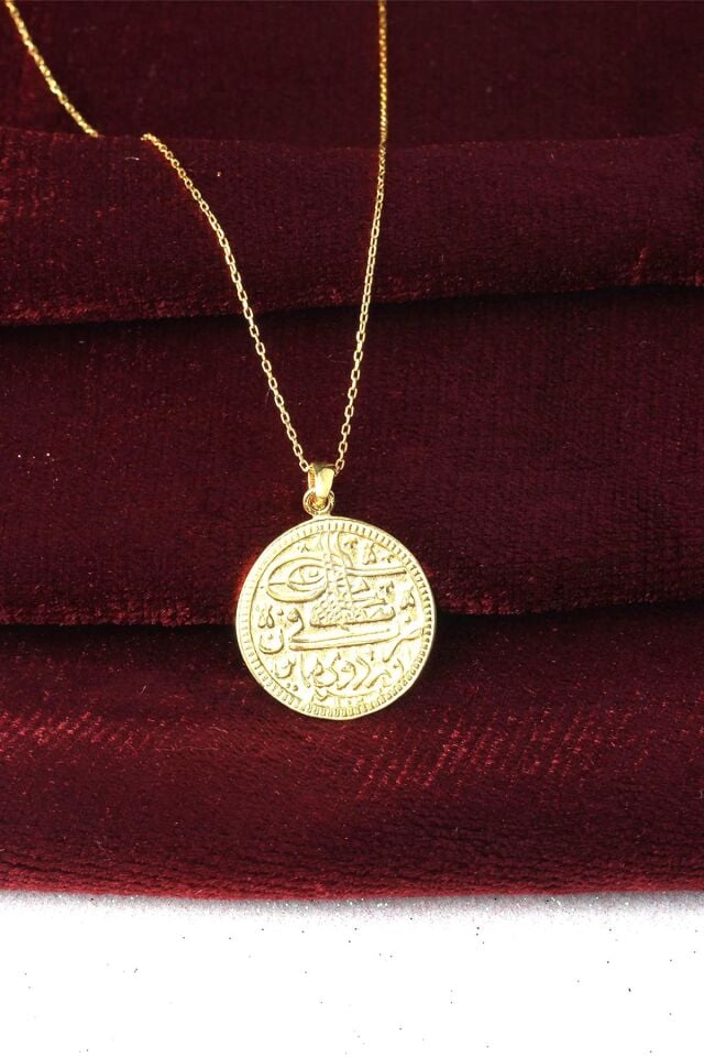 Tuğralı Gümüş Sarı Renk Yuvarlak Plaka Taşsız Osmanlı Tuğralı 925 Ayar Zincir Kolye