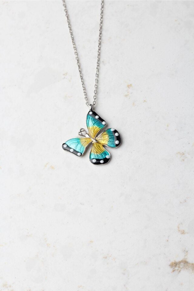 Kelebek Kolye Mavi Siyah Mineli Zirkon Taşlı  925 Ayar Gümüş Zincir Kolye;