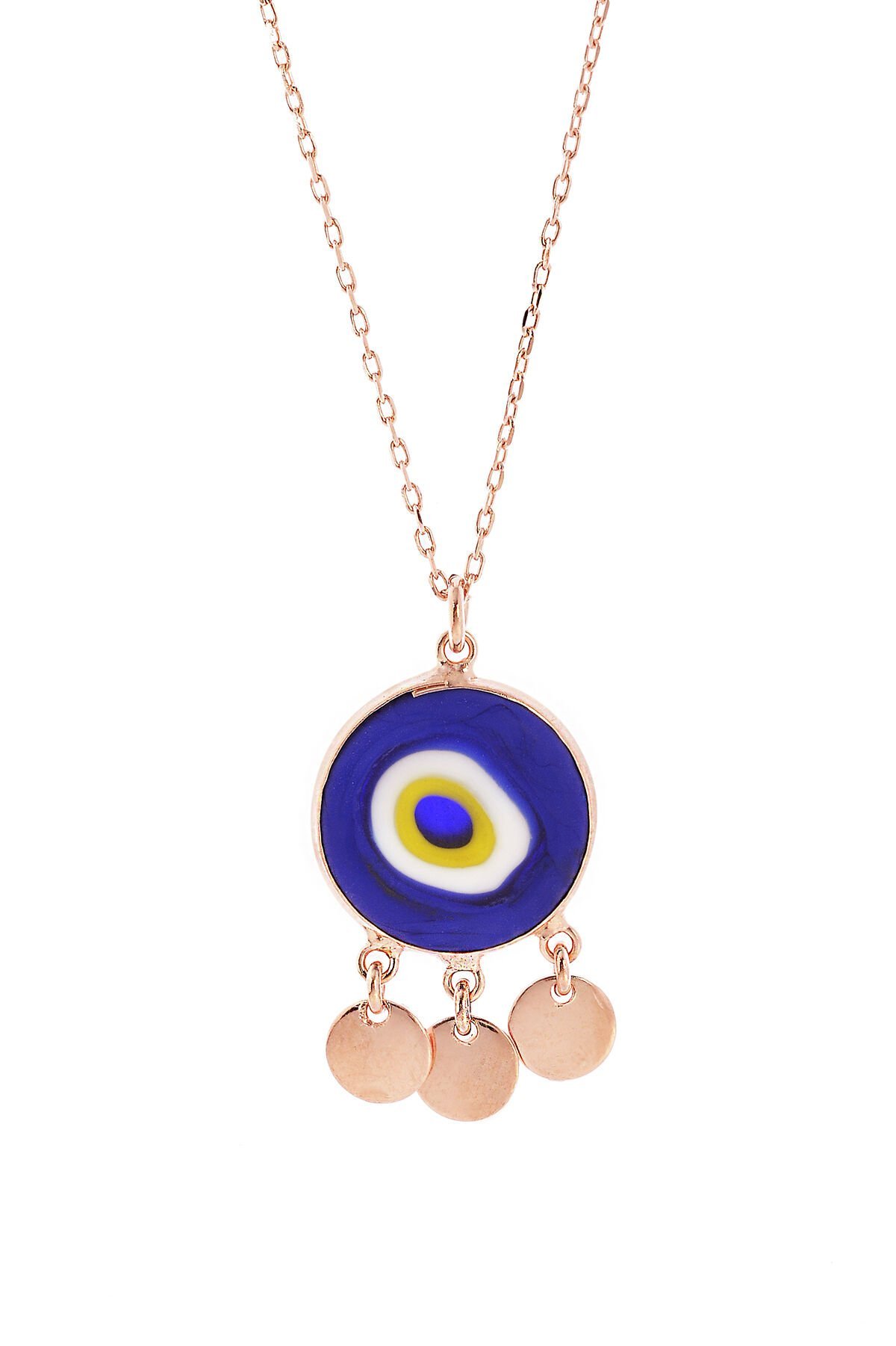 Yuvarlak Koyu Mavi Nazar Kolye - Rose
