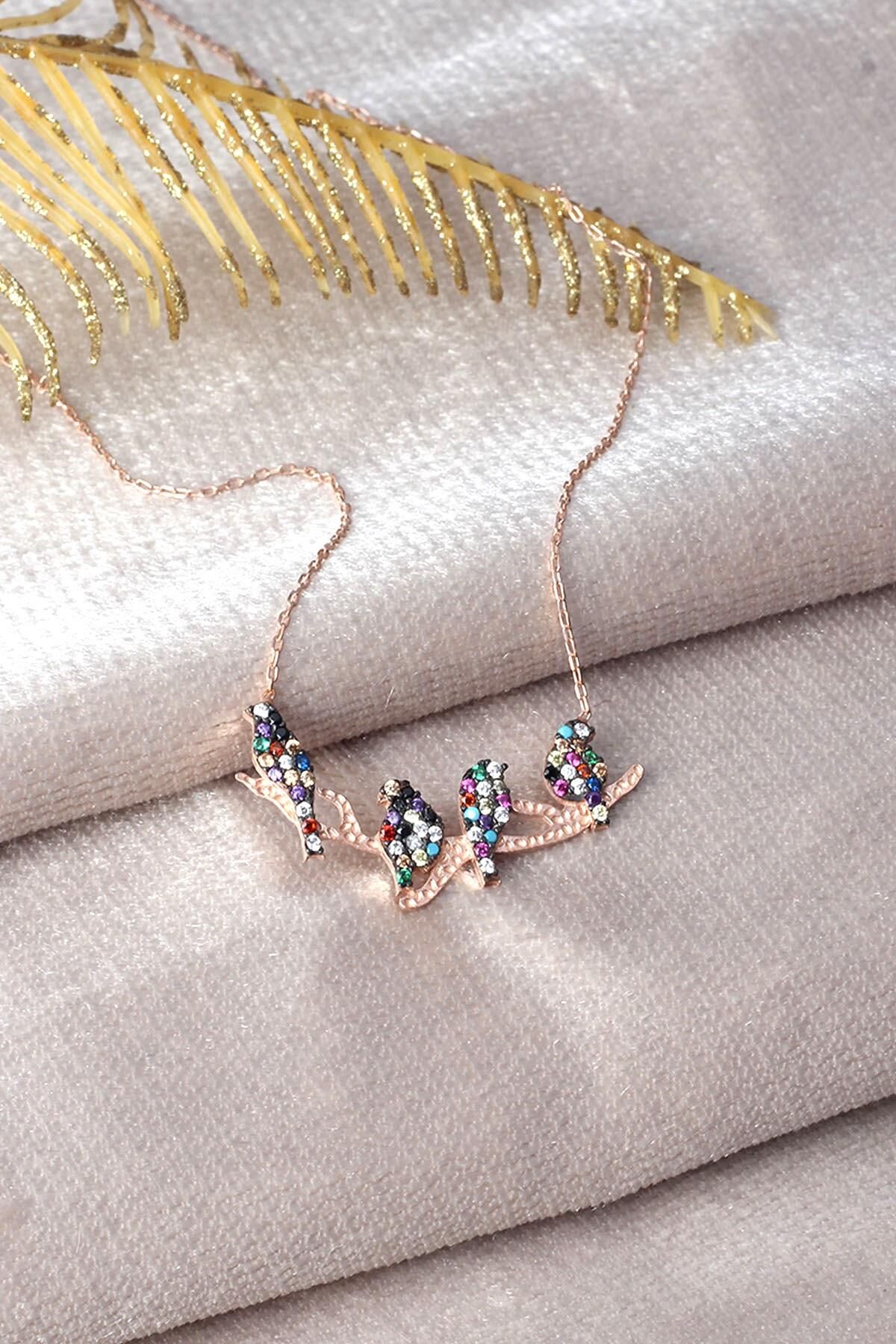 Kuş Kolye Renkli Zirkon Taşlı 925 Ayar Gümüş Kolye