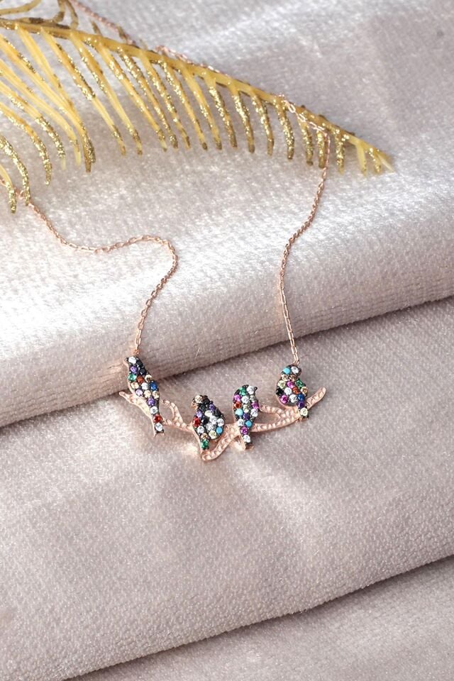 Kuş Kolye Renkli Zirkon Taşlı 925 Ayar Gümüş Kolye